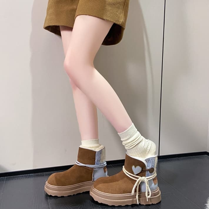 レオパード柄 リボン付きムートンショートブーツ