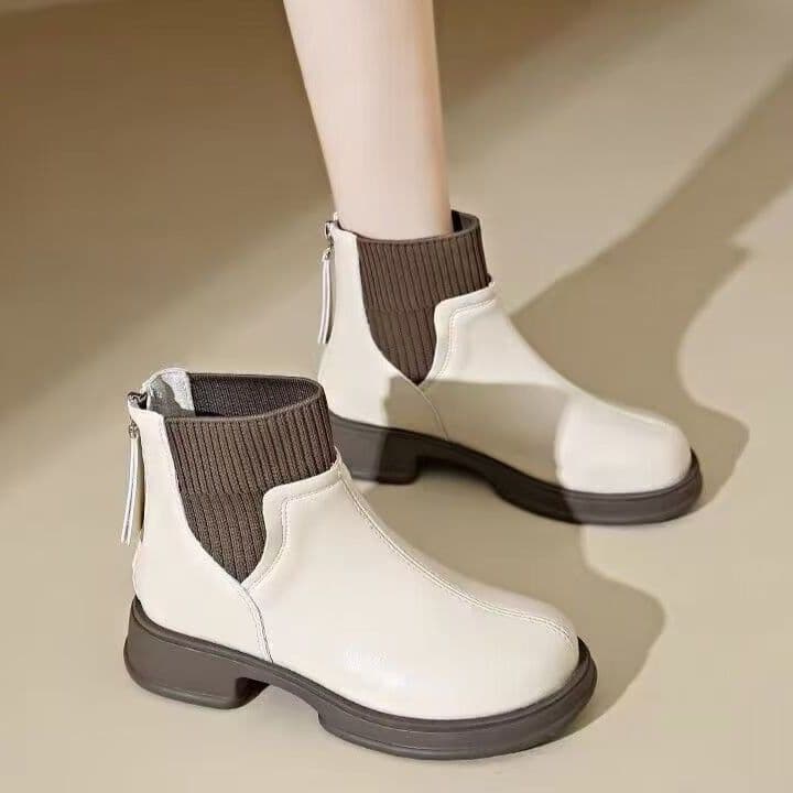 リブニット切り替え本革ショートブーツ