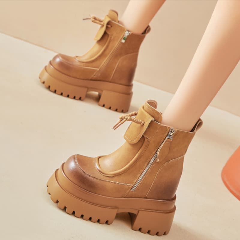 リボン付きジッパー厚底ショートブーツ