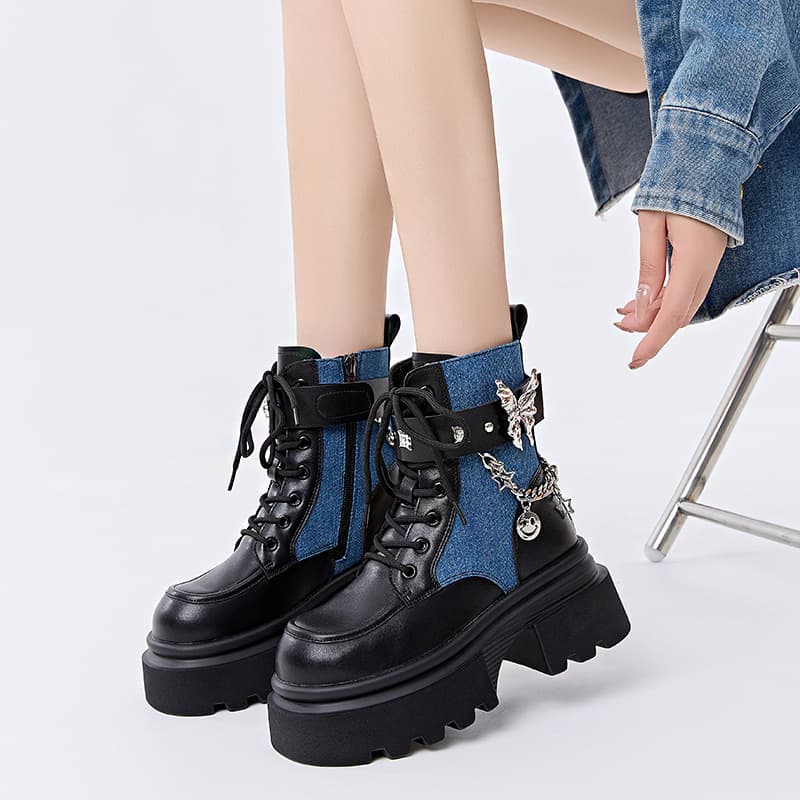 蝶チャーム付きジッパー厚底ショートブーツ