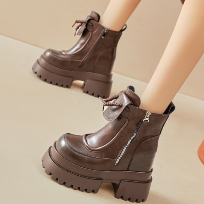 リボン付きジッパー厚底ショートブーツ