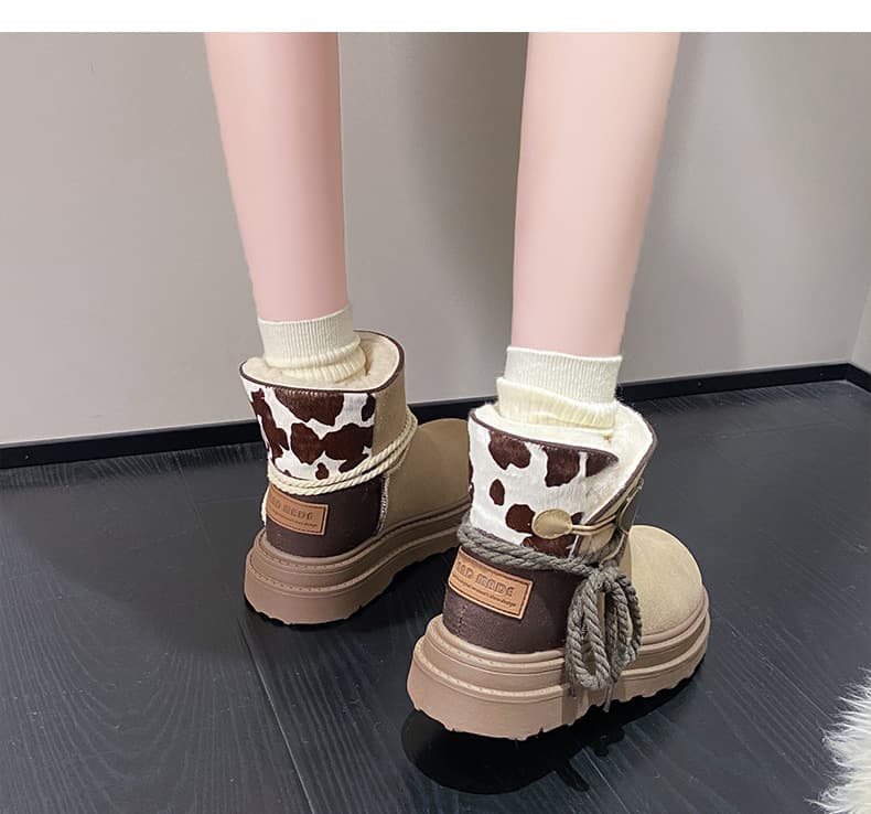 レオパード柄 リボン付きムートンショートブーツ