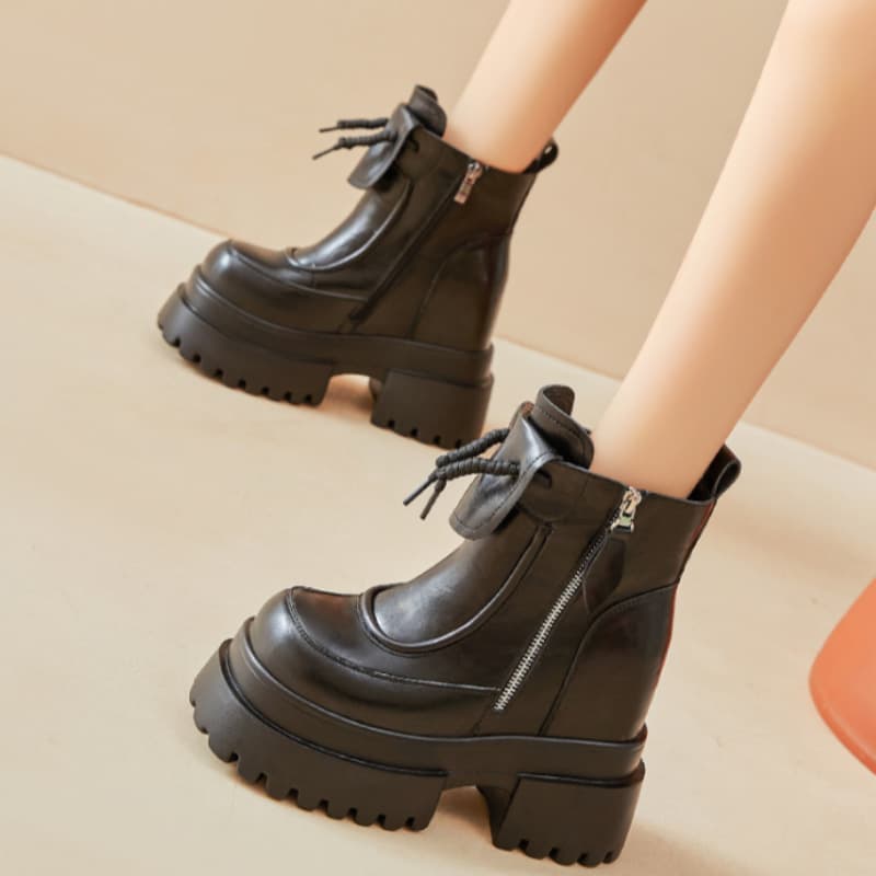 リボン付きジッパー厚底ショートブーツ
