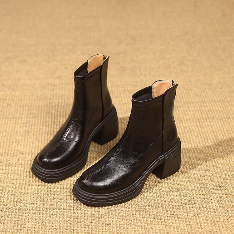 ショートブーツ 厚底チャンキーヒール本革ショートブーツ