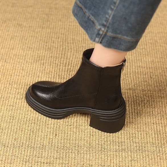 ショートブーツ 厚底チャンキーヒール本革ショートブーツ