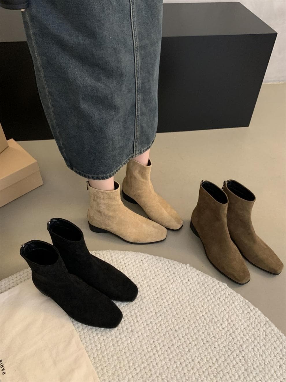 シンプル スクエアショートブーツ